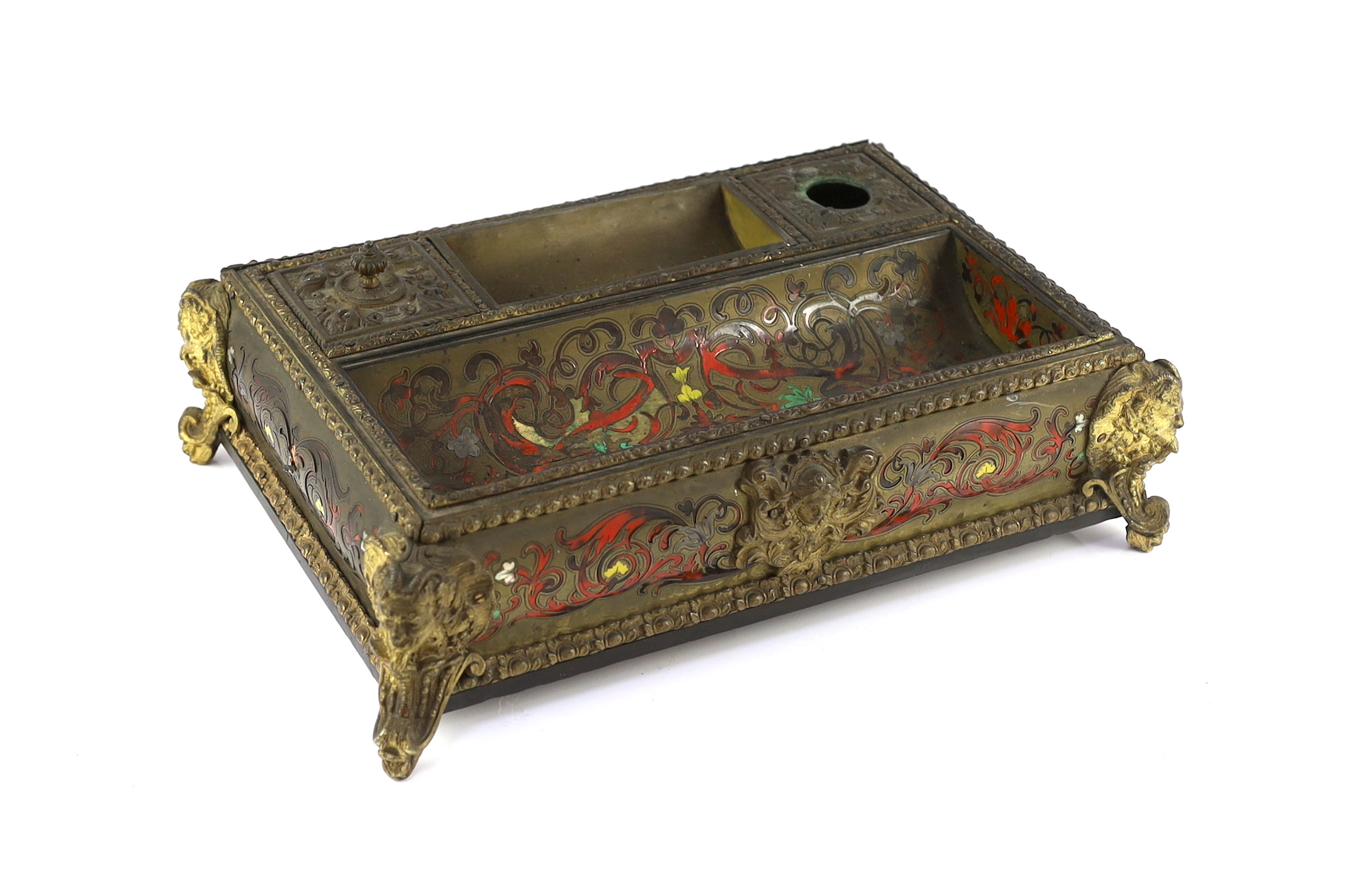 A 19th century French scarlet Boulle work desk stand with ormolu mounts, 36cm wide